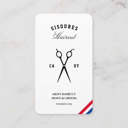 Klassieke kapperszaak kapper rood wit blauw modern visitekaartje (Voorkant)