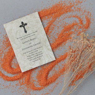 Klassieke Katholieke Trouwkaart met Swirl Kruis Kaart