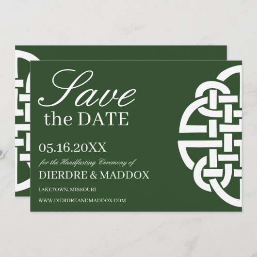 Klassieke Keltische Knoop Groen Handfasting Save The Date (Voorkant / Achterkant)