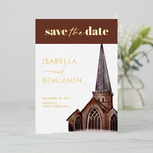 Klassieke Kerk Religieuze Bruiloft Save The Date Folie Uitnodiging (Staand Voorkant)