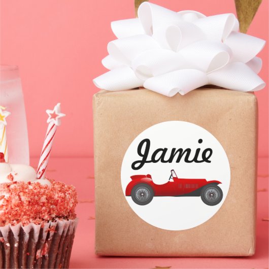 Klassieke kernen dozen met zoete rode rugro-auto ronde sticker (Feest)