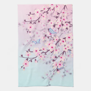 Klassieke kersenbloesems Landschap Roze Blauw Theedoek