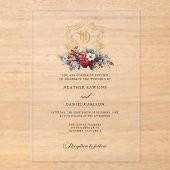 Klassieke Kerst Bloemen Crest Monogram Bruiloft Acryl Uitnodigingen (Voorkant)