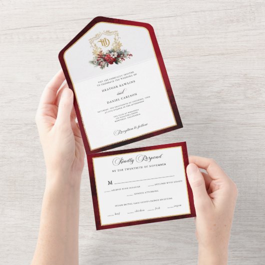 Klassieke Kerst Bloemen Crest Monogram Bruiloft All In One Uitnodiging (Afscheurbaar)