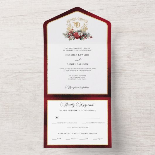 Klassieke Kerst Bloemen Crest Monogram Bruiloft All In One Uitnodiging (Binnen)