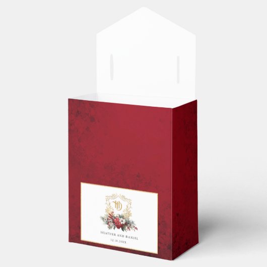 Klassieke Kerst Bloemen Crest Monogram Bruiloft Bedankdoosjes (Geopend)