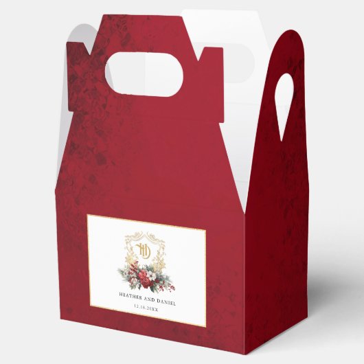 Klassieke Kerst Bloemen Crest Monogram Bruiloft Bedankdoosjes (Geopend)