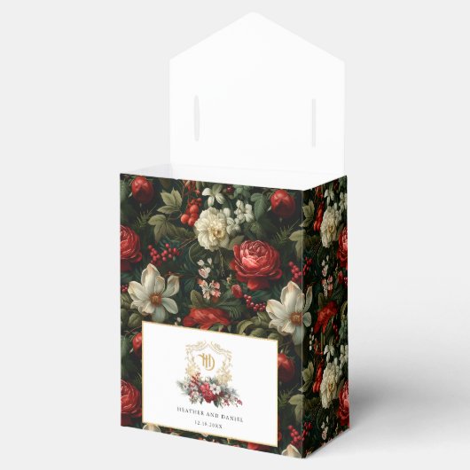 Klassieke Kerst Bloemen Crest Monogram Bruiloft Bedankdoosjes (Geopend)