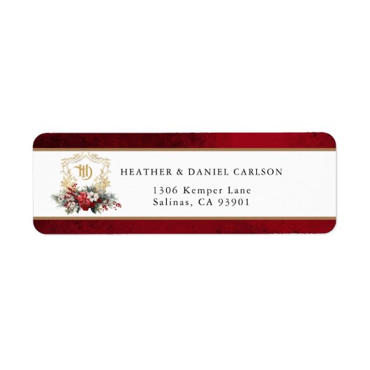 Klassieke Kerst Bloemen Crest Monogram Bruiloft Etiket (Voorkant)