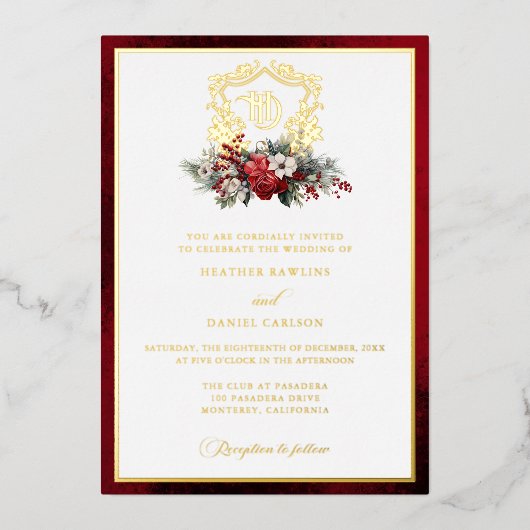 Klassieke Kerst Bloemen Crest Monogram Bruiloft Folie Uitnodiging (Voorkant)