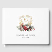 Klassieke Kerst Bloemen Crest Monogram Bruiloft Gastenboek (Voorkant)