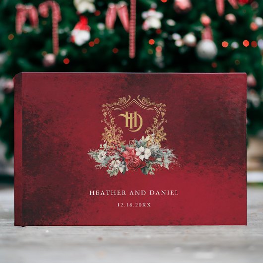 Klassieke Kerst Bloemen Crest Monogram Bruiloft Gastenboek