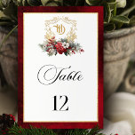 Klassieke Kerst Bloemen Crest Monogram Bruiloft Kaart<br><div class="desc">Tijdloze en elegante maar feestelijke bruiloft thema tafel nummer ontwerp met klassieke hand getrokken gouden bloemkam geaccentueerd door een kleurrijke spray van rode en witte kerstbloemen en evergreens. Deze aangepaste formele sjabloon bevat bewerkbare tekstvelden, aangepaste kalligrafietekstafbeeldingen en een gouden gestructureerde rand. De buitenrand heeft een weelderige, robijnrode fluwelen textuur achtergrond....</div>