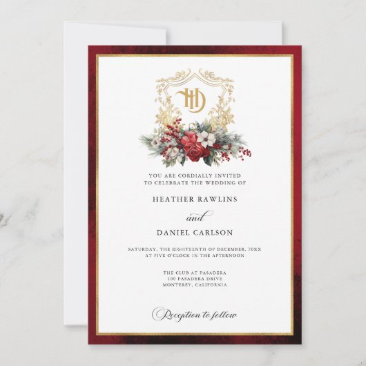 Klassieke Kerst Bloemen Crest Monogram Bruiloft Kaart (Voorkant)