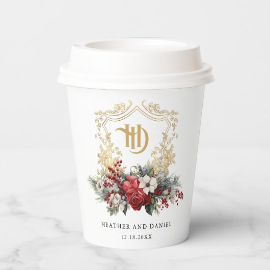 Klassieke Kerst Bloemen Crest Monogram Bruiloft Papieren Bekers (Achterkant)
