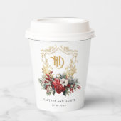 Klassieke Kerst Bloemen Crest Monogram Bruiloft Papieren Bekers (Voorkant)