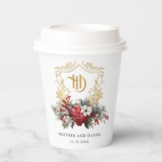 Klassieke Kerst Bloemen Crest Monogram Bruiloft Papieren Bekers (Voorkant)