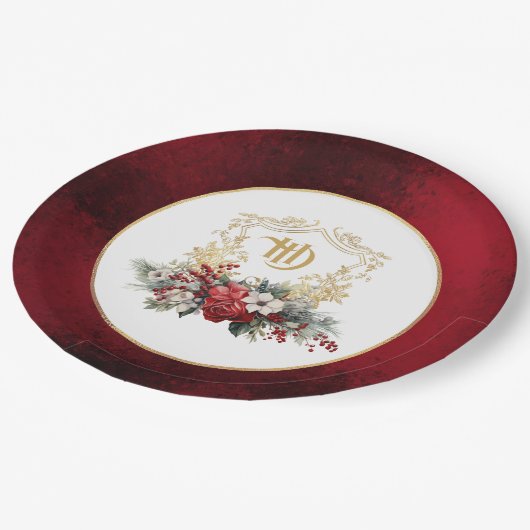 Klassieke Kerst Bloemen Crest Monogram Bruiloft Papieren Bordje (Gekanteld)