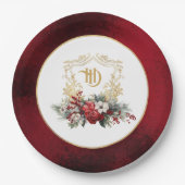 Klassieke Kerst Bloemen Crest Monogram Bruiloft Papieren Bordje (Voorkant)