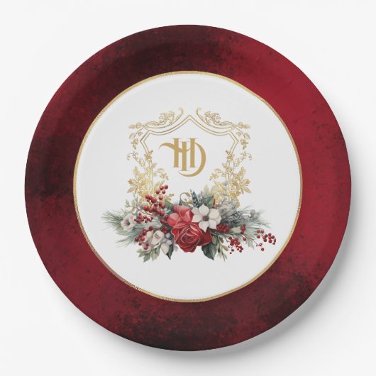 Klassieke Kerst Bloemen Crest Monogram Bruiloft Papieren Bordje (Voorkant)
