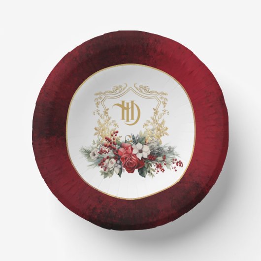Klassieke Kerst Bloemen Crest Monogram Bruiloft Papieren Kommen (Voorkant)