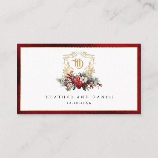 Klassieke Kerst Bloemen Crest Monogram Bruiloft Plaatskaartje (Achterkant)