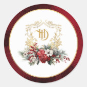Klassieke Kerst Bloemen Crest Monogram Bruiloft Ronde Sticker (Voorkant)