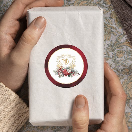 Klassieke Kerst Bloemen Crest Monogram Bruiloft Ronde Sticker