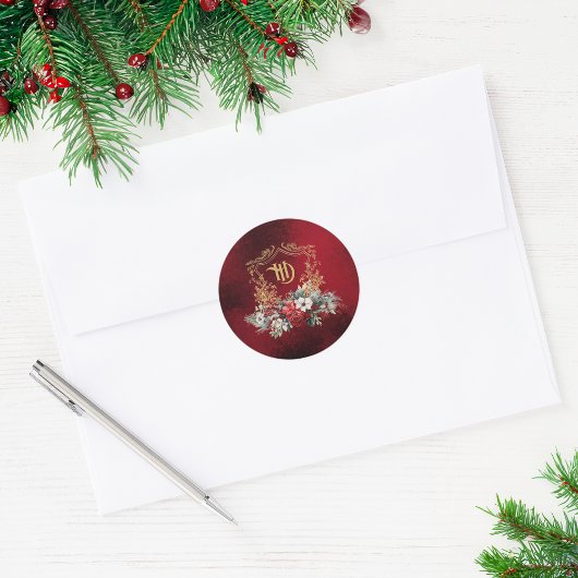 Klassieke Kerst Bloemen Crest Monogram Bruiloft Ronde Sticker