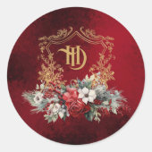 Klassieke Kerst Bloemen Crest Monogram Bruiloft Ronde Sticker (Voorkant)