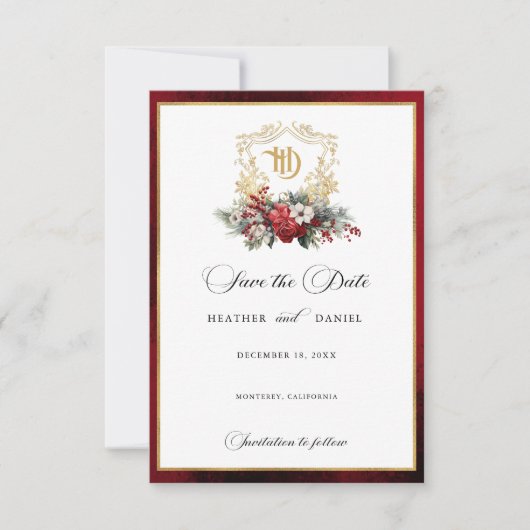 Klassieke Kerst Bloemen Crest Monogram Bruiloft Save The Date (Voorkant)