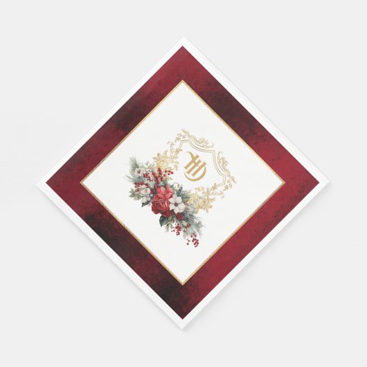 Klassieke Kerst Bloemen Crest Monogram Bruiloft Servet (Hoek)