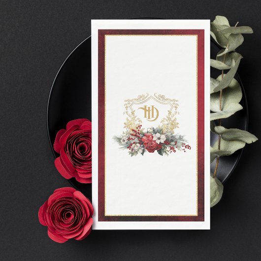Klassieke Kerst Bloemen Crest Monogram Bruiloft Servet