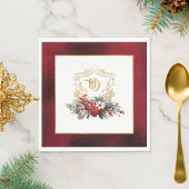Klassieke Kerst Bloemen Crest Monogram Bruiloft Servet