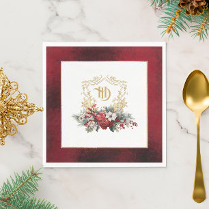 Klassieke Kerst Bloemen Crest Monogram Bruiloft Servet