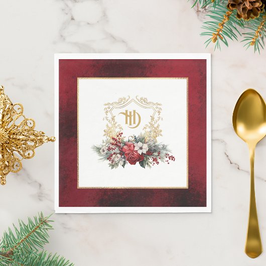 Klassieke Kerst Bloemen Crest Monogram Bruiloft Servet