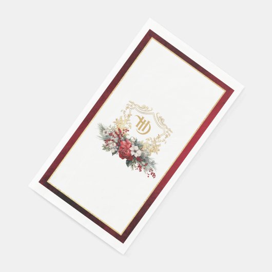 Klassieke Kerst Bloemen Crest Monogram Bruiloft Servet (Hoek)