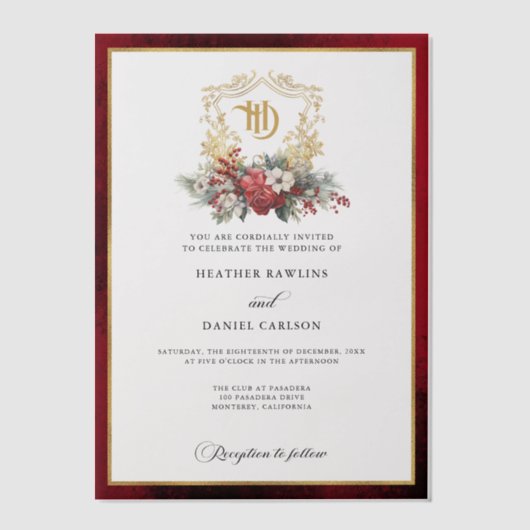 Klassieke Kerst Bloemen Crest Monogram Bruiloft Vellum Uitnodigingen (Voorkant)