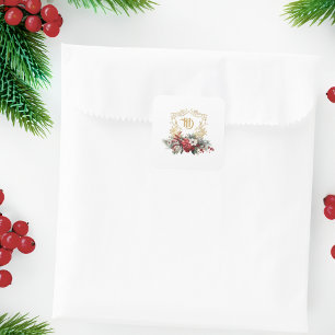 Klassieke Kerst Bloemen Crest Monogram Bruiloft Vierkante Sticker