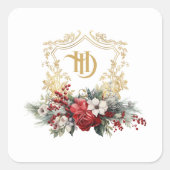 Klassieke Kerst Bloemen Crest Monogram Bruiloft Vierkante Sticker (Voorkant)
