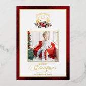 Klassieke Kerst Bloemen Gouden Kreeft Foto Folie Feestdagenkaart (Voorkant)