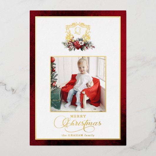 Klassieke Kerst Bloemen Gouden Kreeft Foto Folie Feestdagenkaart (Voorkant)