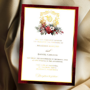 Klassieke Kerst Bloemstuk Initialen Huwelijk Folie Uitnodiging