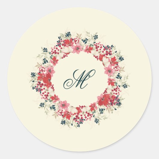 Klassieke Kerst Botanische Familie Monogram Ronde Sticker (Voorkant)