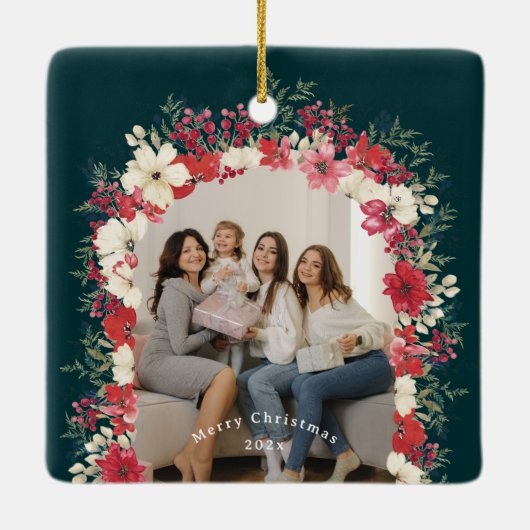 Klassieke Kerst Botanische Jaarlijkse Keepsake Fot Keramisch Ornament (Achterkant)