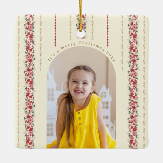 Klassieke Kerst Botanische Jaarlijkse Keepsake Fot Keramisch Ornament (Achterkant)