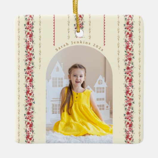 Klassieke Kerst Botanische Jaarlijkse Keepsake Fot Keramisch Ornament (Voorkant)