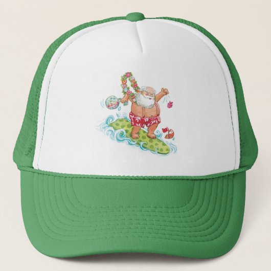 Klassieke Kerst Cartoon Surfende Kerstman Trucker Pet (Voorkant)