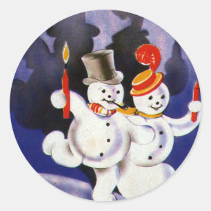 Klassieke kerst dansende sneeuwmannen met kaarsen ronde sticker