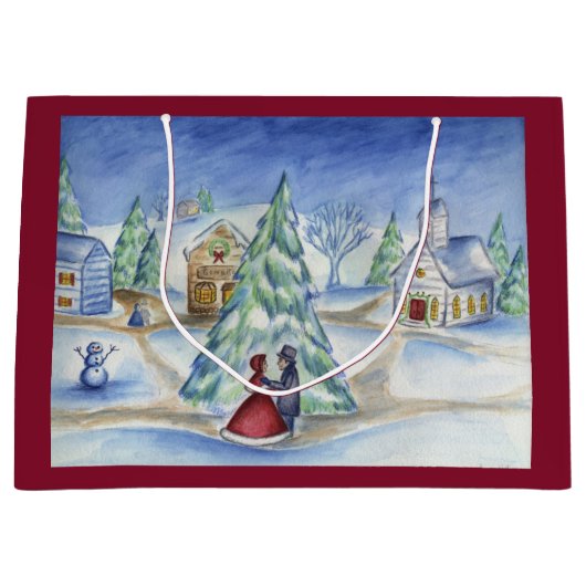 Klassieke kerst dorp geschenk tas groot cadeauzakje (Voorkant)
